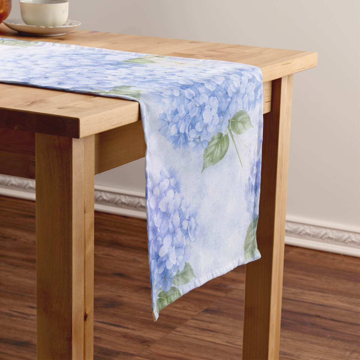 Dining Room Table with Blue Hydrangea Table Runner by Nicky Bourke