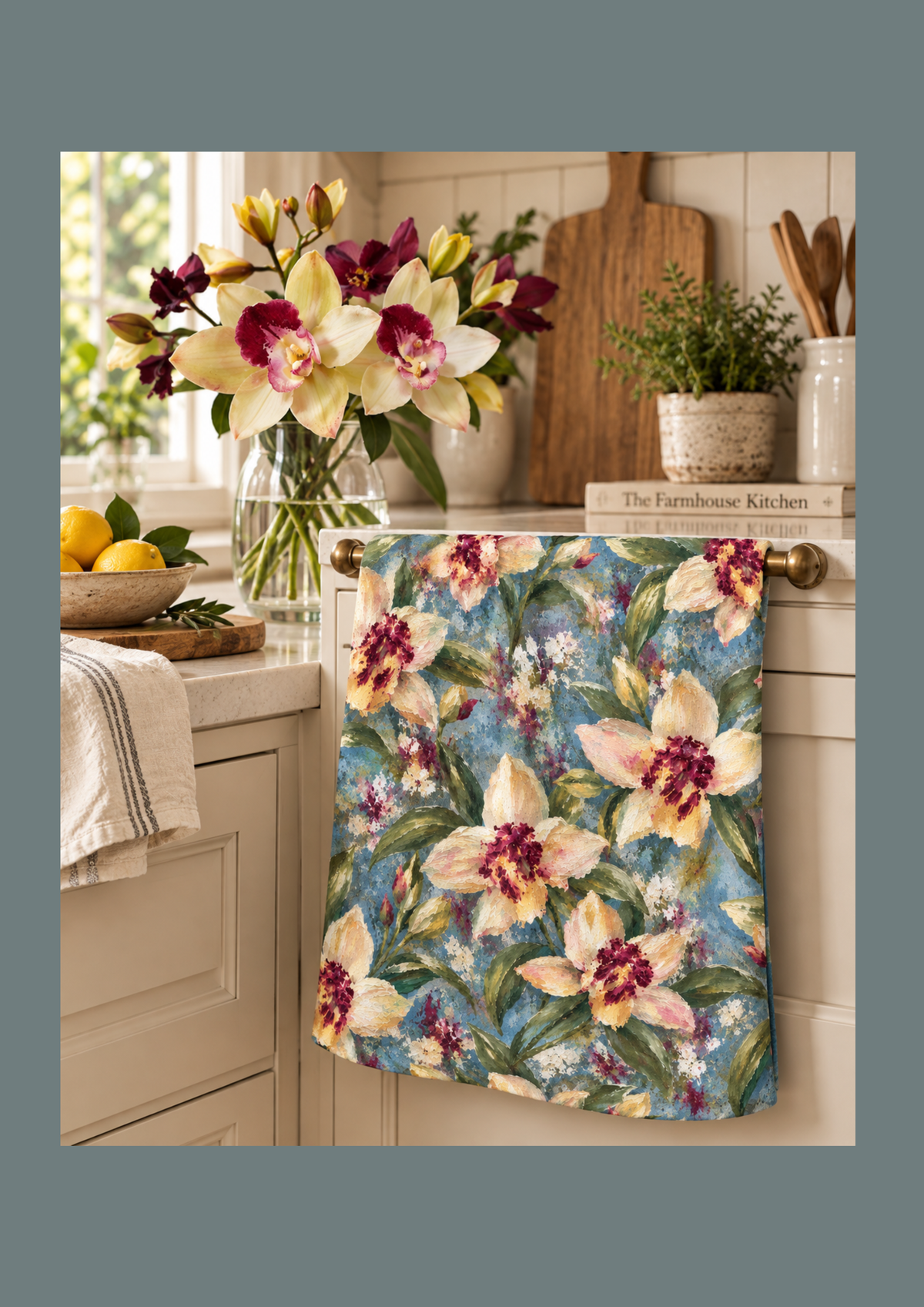 Elegant orchid floral tea towel styled in a farmhouse kitchen with fresh orchids, featuring original artwork by New Zealand artist Nicky Bourke