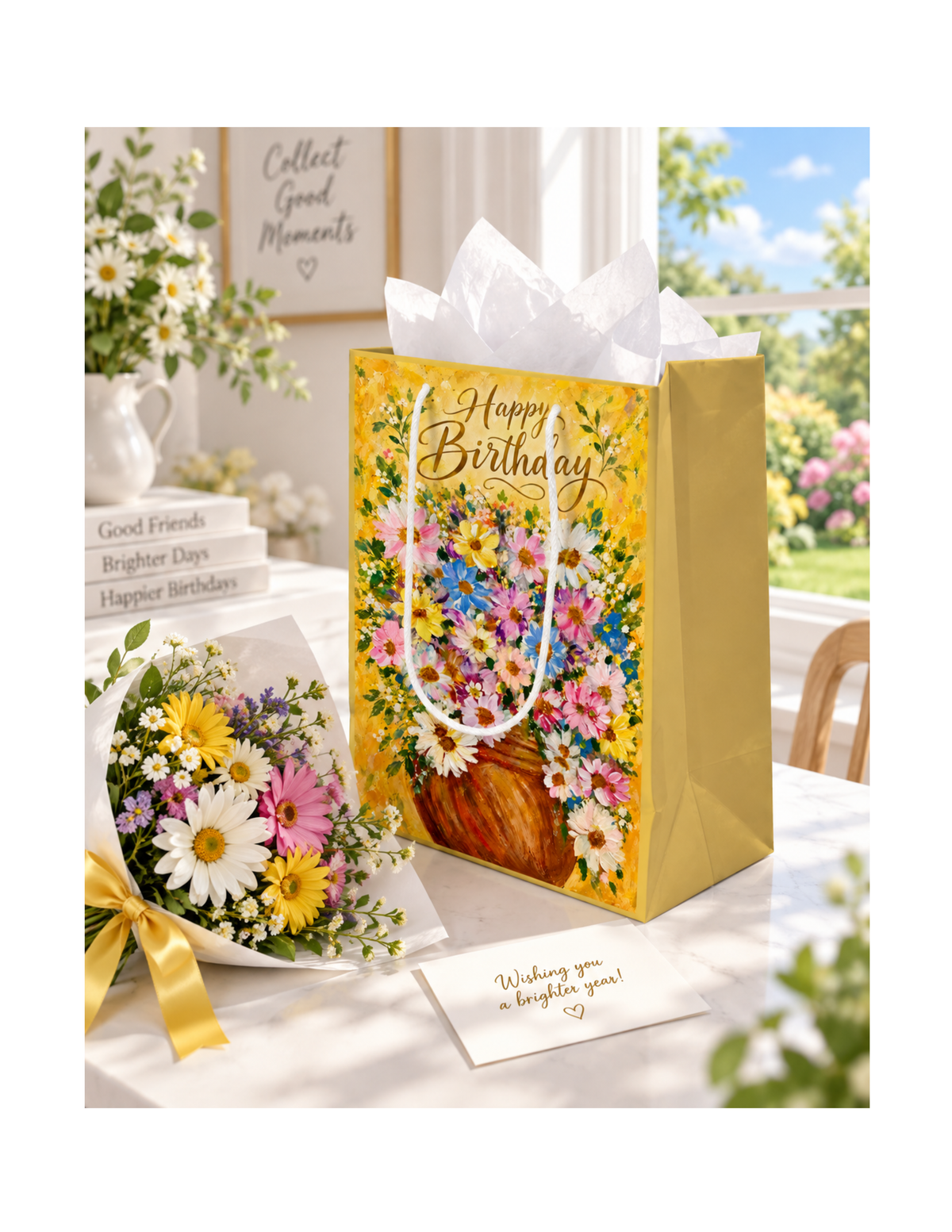 Happy Birthday Floral Gift Bag with flower bouquet by Nicky Bourke 