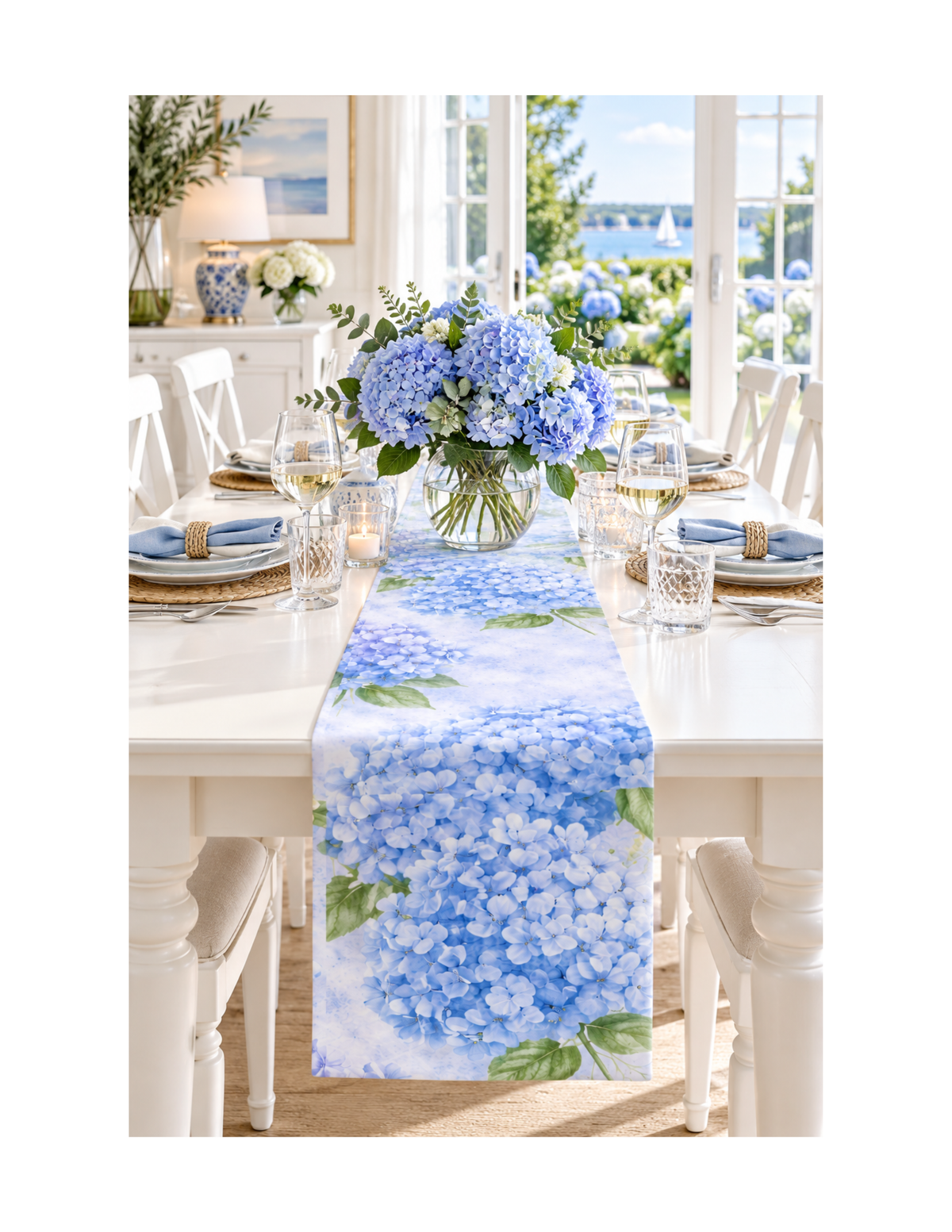 Coastal Dining Room Scene with Blue Hydrangea Floral Table Runner and Vase of Florals by Nicky Bourke
