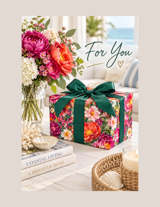 Elegant floral wrapping paper with painterly blooms and luxe ribbon for beautiful gift giving.