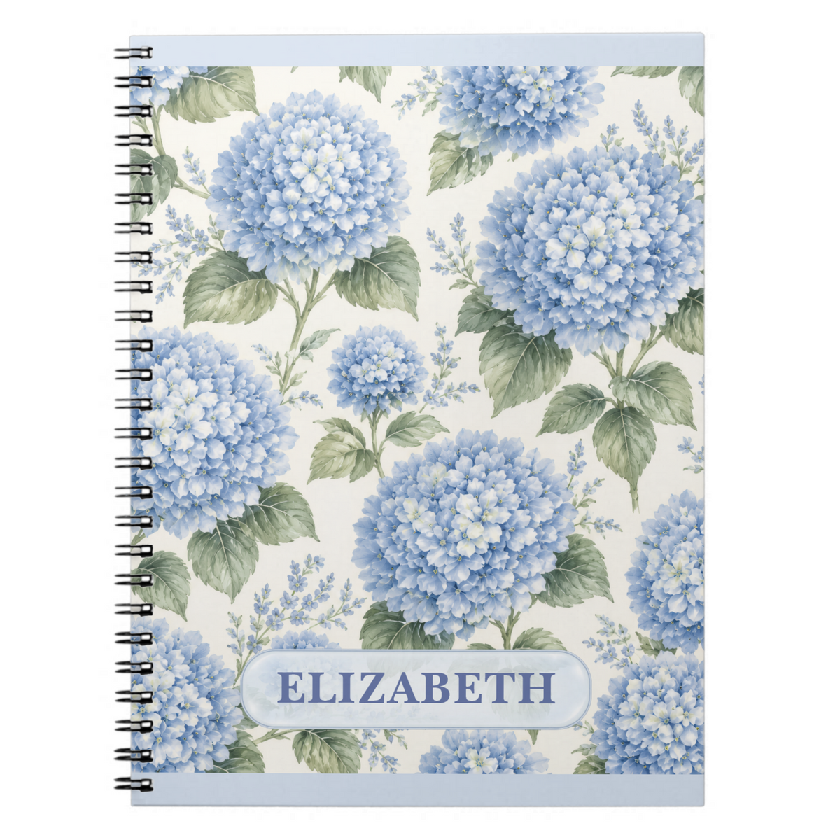 Blue hydrangea personalised spiral notebook by Nicky Bourke Waikanae Paper Artist