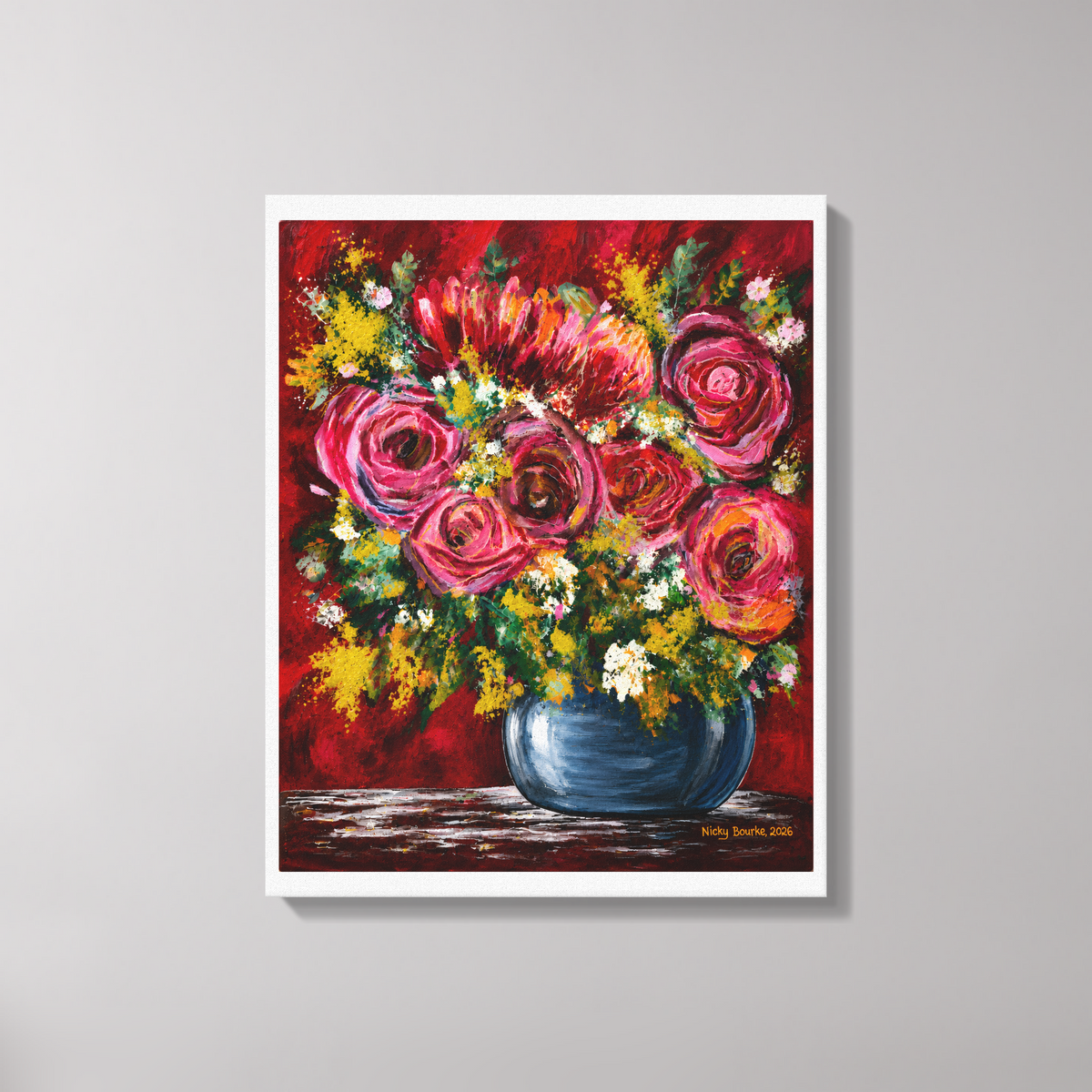 Pink and red rose floral canvas print featuring original hand-painted artwork by New Zealand artist Nicky Bourke