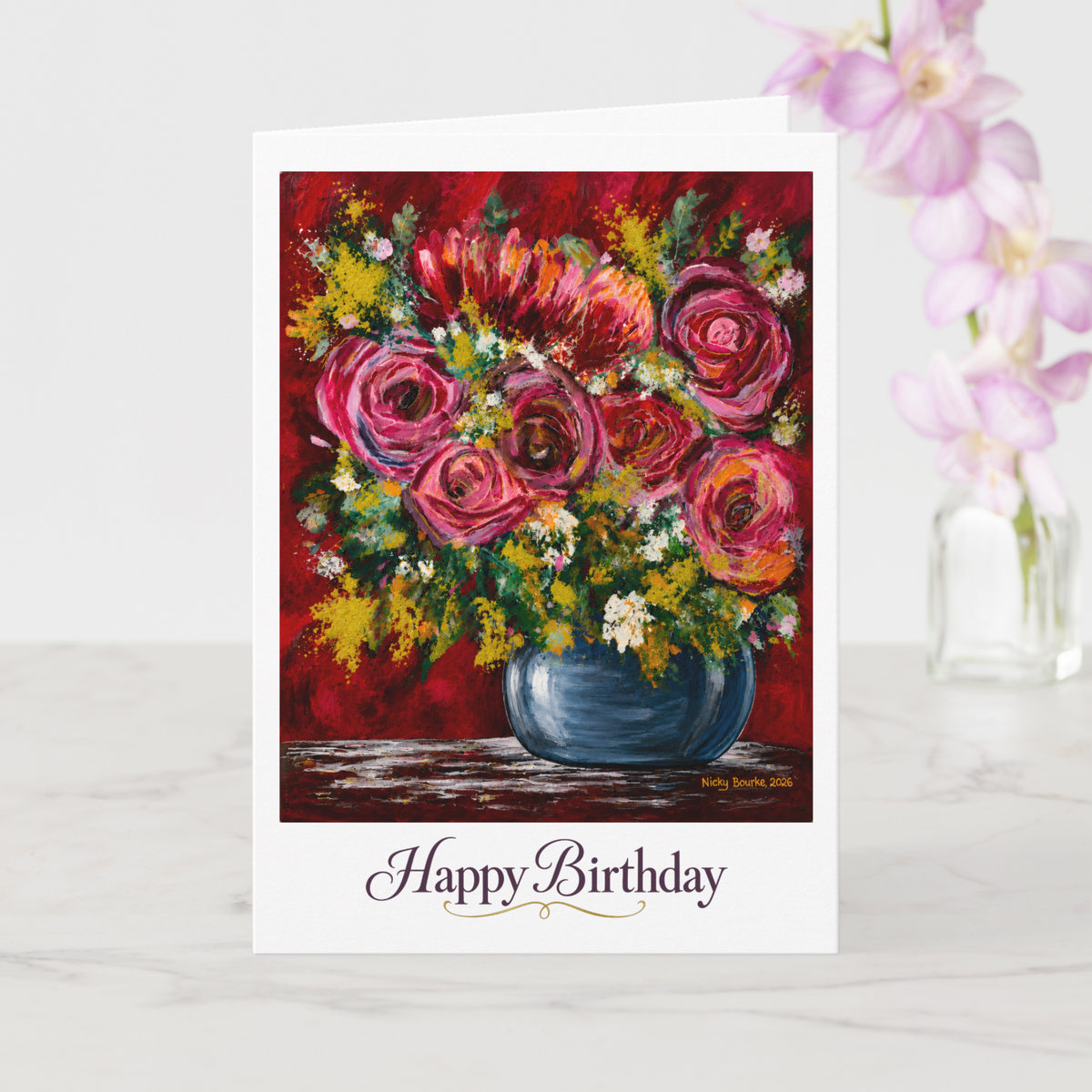 Pink rose floral birthday card featuring original hand-painted flower artwork by New Zealand artist Nicky Bourke